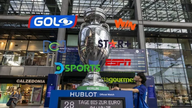 El trofeo de la Eurocopa y los logos de Gol Caracol, Canal RCN, Win Sports, DSports, ESPN y Star+.
