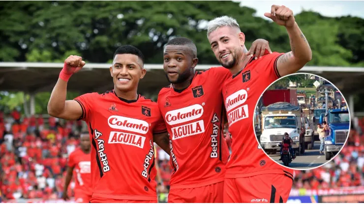 Jugadores de América de Cali festejando un gol ante Envigado.
