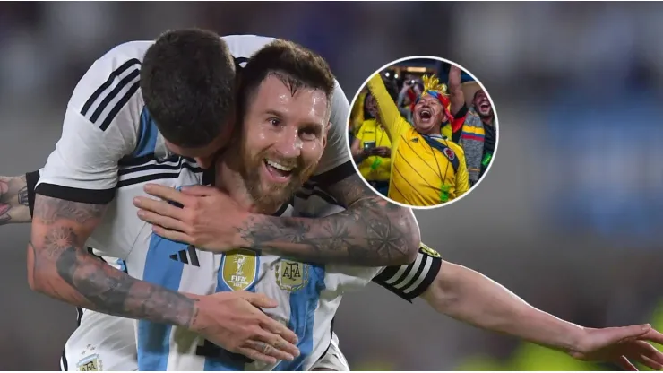 Rodrigo De Paul, Lionel Messi y un hincha de Colombia.
