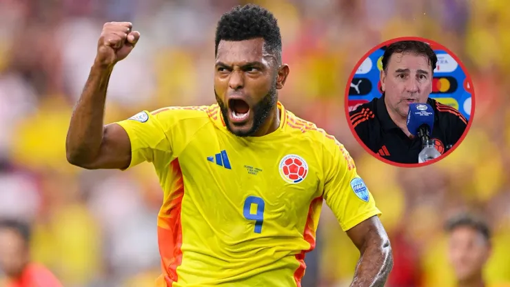 Miguel Borja celebrando su gol con la Selección Colombia.
