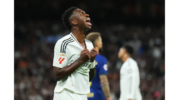 Vinicius Junior of Real Madrid reacts during the LaLiga match between Real Madrid CF and FC Barcelona at Estadio Santiago Bernabeu on October 26, 2024 in Madrid, Spain. (Photo by Angel Martinez/Getty Images)
