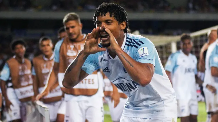 Juan Pereira celebra después de anotar ante Deportivo Pereira por la fecha 5 de los cuadrangulares semifinales del grupo A, de la Liga Dimayor 2024-I. 
