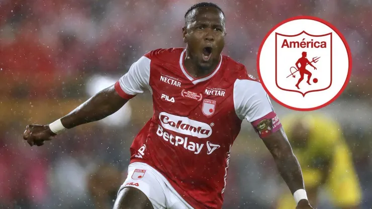 Hugo Rodallega festejando su gol con Santa Fe.
