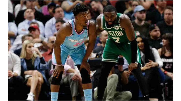 Jimmy Butler (left) and Jaylen Brown. (Getty)
