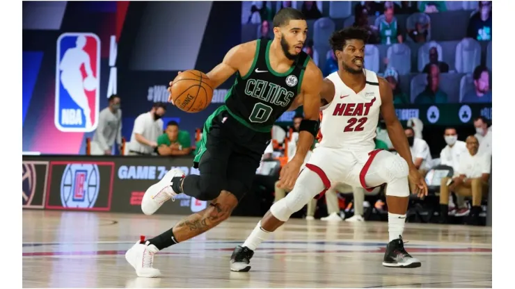 Jimmy Butler guarding Jayson Tatum. (Getty)
