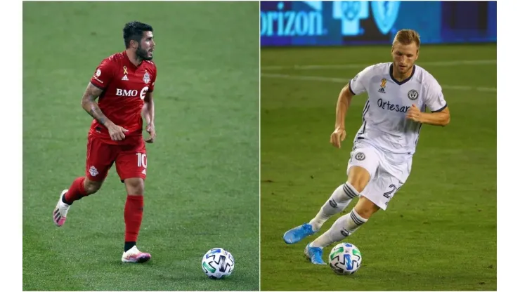 Alejandro Pozuelo (left) and Kacper Przybylko. (Getty)
