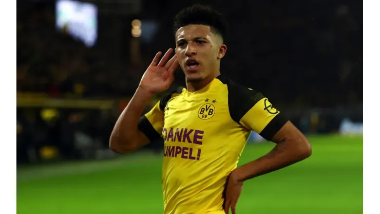 Jadon Sancho of Borussia Dortmund celebrates scoring a goal. (Getty)
