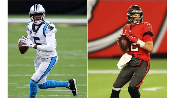 Panthers' Teddy Bridgewater (left) and Buccaneers' Tom Brady (right). (Getty)
