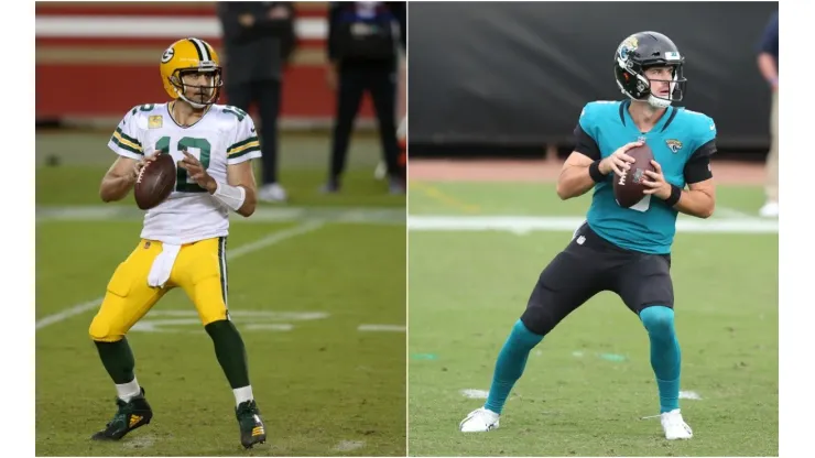 Green Bay Packers' Aaron Rodgers (left) and Jacksonville Jaguars' Jake Lutton (right). (Getty)
