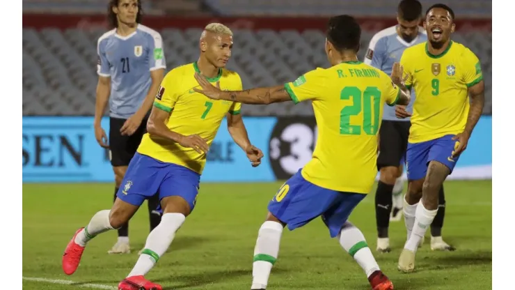 Richarlison celebrates after scoring Brazil's second goal against Uruguay. (Getty)
