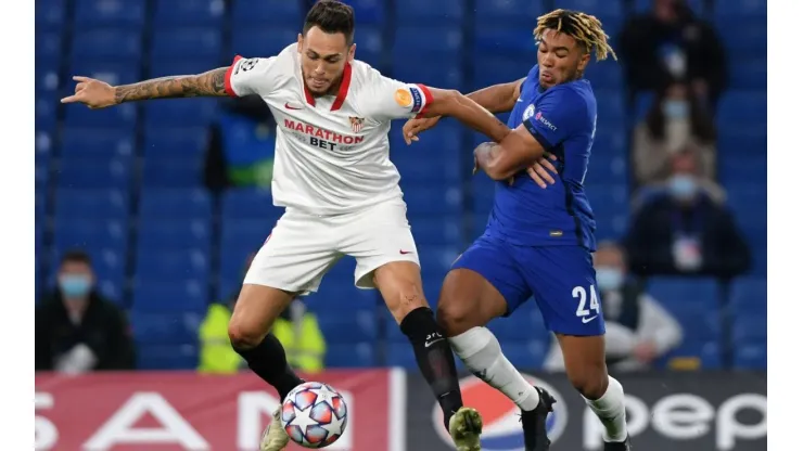 Lucas Ocampos of Sevilla (left) battles for possession with Reece James of Chelsea (Getty).
