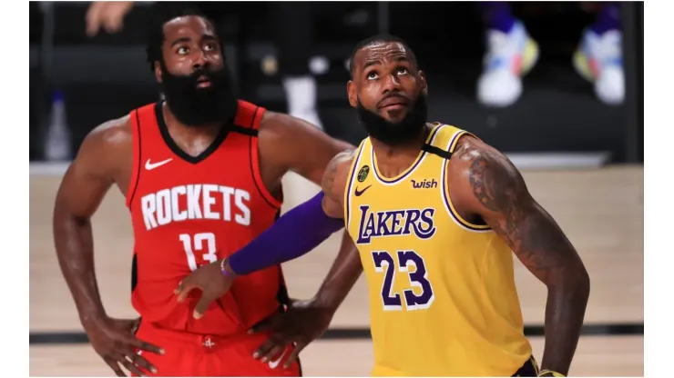 James Harden and LeBron James during the NBA bubble. (Getty)
