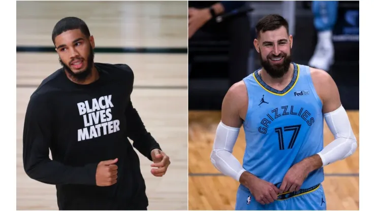 Jayson Tatum (left) and Jonas Valanciunas (right). (Getty)
