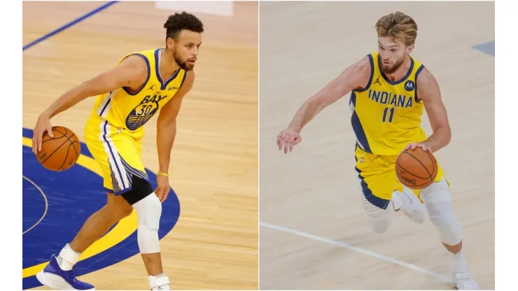 Warriors' Stephen Curry (left) and Pacers' Domantas Sabonis (right). (Getty)
