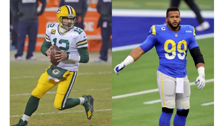 Aaron Rodgers (left) and Aaron Donald (right) will clash in the NFC Divisional round. (Getty)
