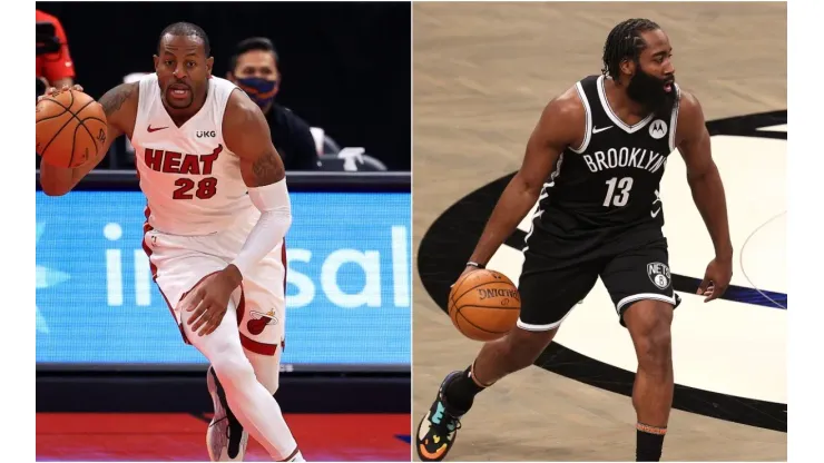 Andre Igoudala (left) of the Miami Heat and James Harden (right) of the Brooklyn Nets. (Getty)
