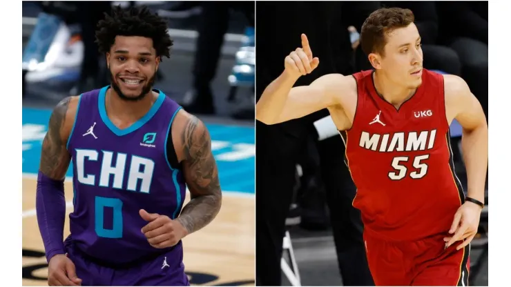 Miles Bridges (left) of the Charlotte Hornets and Duncan Robinson (right) of the Miami Heat. (Getty)
