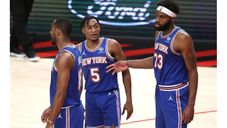 Alec Burks, Immanuel Quickley and Mitchell Robinson of the New York Knicks. (Getty)
