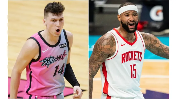 Tyler Herro (left) of the Miami Heat and  DeMarcus Cousins (right) of the Houston Rockets. (Getty)
