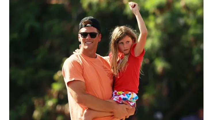 Tom Brady and his daughter during the Super Bowl LV celebrations. (Getty)
