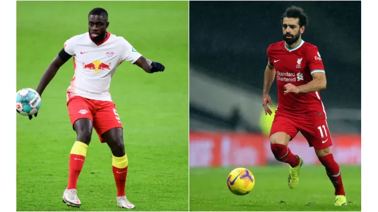 Dayot Upamecano (left) will try to stop Liverpool's Mohamed Salah (right) in this high-flying game. (Getty)
