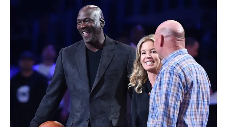 Michael Jordan, Jeanie Buss and Steve Ballmer during the 2019 All-Star Game.
