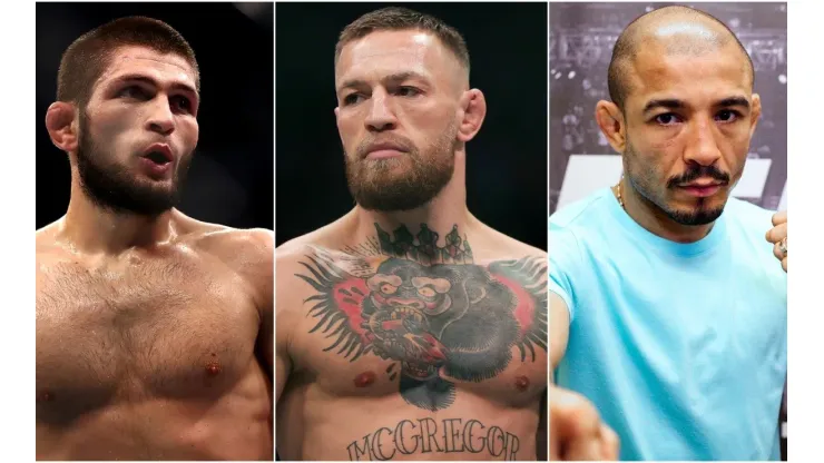 Khabib Nurmagomedov (left), Conor McGregor (c) and Jose Aldo.
