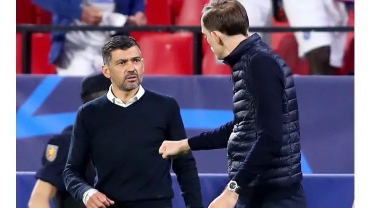 Sergio Conceicao, Head Coach of Porto interacts with Thomas Tuchel, Manager of Chelsea at full-time after the UEFA Champions League Quarter Final Second Leg match between Chelsea FC and FC Porto (Getty)
