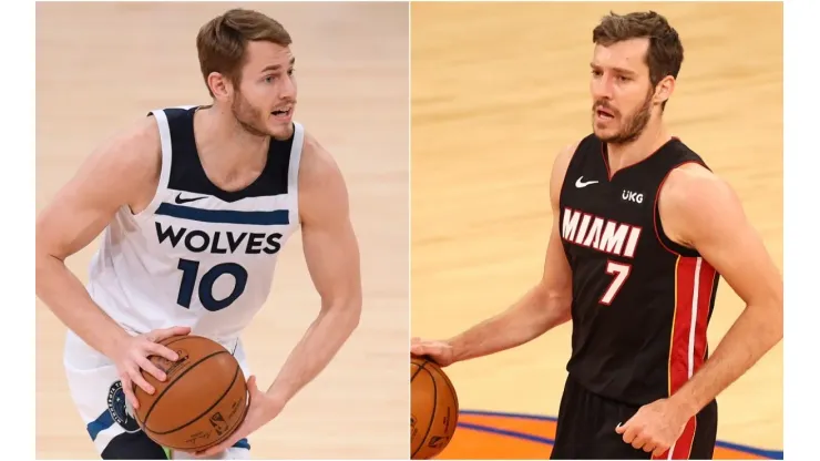 Jake Layman (left) of the Minnesota Timberwolves and  Goran Dragic (right) of the Miami Heat. (Getty)
