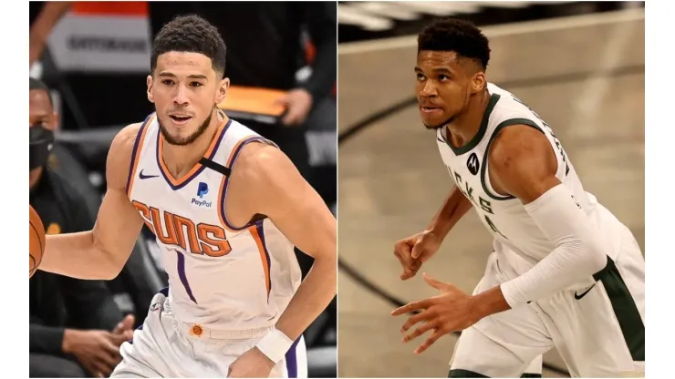 Devin Booker (left) & Giannis Antetokounmpo. (Getty)
