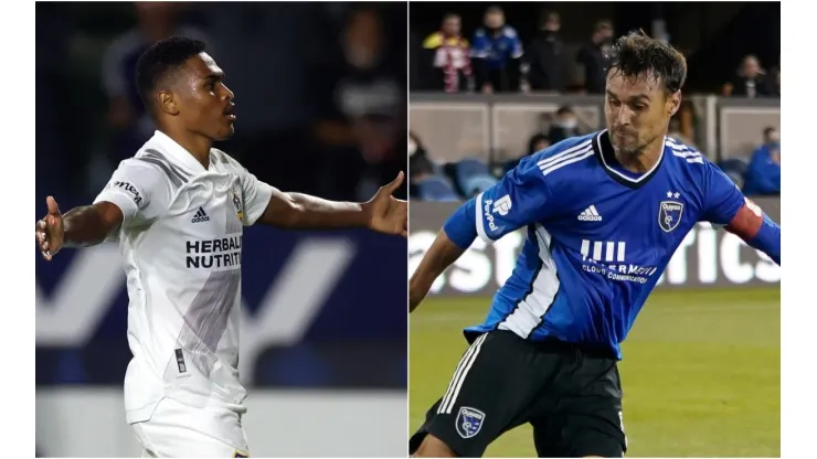 Rayan Raveloson of LA Galaxy (left) and Chris Wondolowski of San Jose Earthquakes. (Getty)
