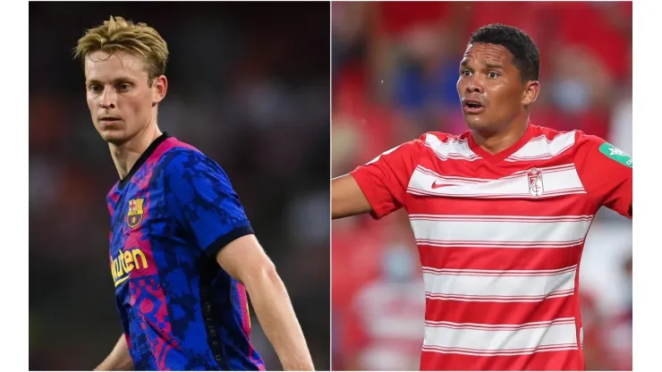 Frenkie de Jong of Barcelona (left) and Carlos Bacca of Granada.
