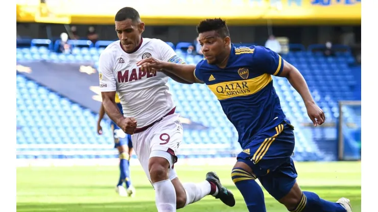 Jose Sand of Lanus against Frank Fabra of Boca Juniors in a game corresponding to the Copa de la Liga Profesional.
