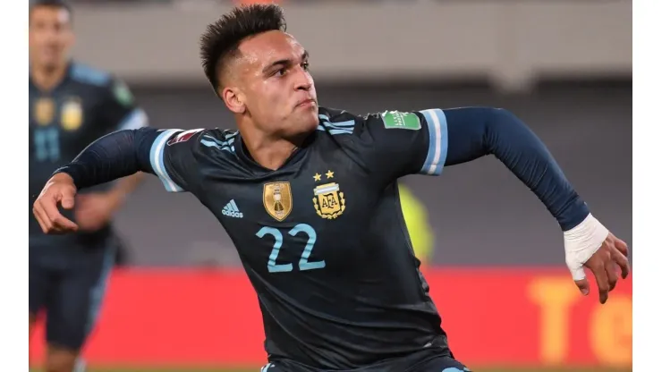 Lautaro Martinez of Argentina celebrates after scoring against Peru.
