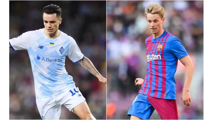 Mykola Shaparenko of FC Dynamo Kyiv (left) and Frenkie De Jong of FC Barcelona
