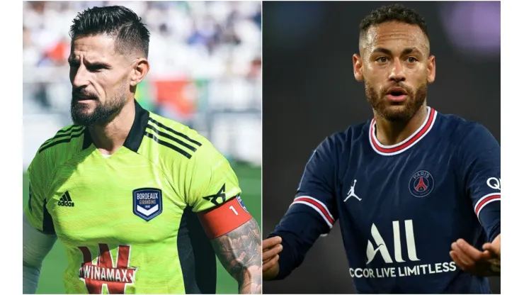 Benoît Costil of Bordeaux (left) and Neymar of PSG (right)
