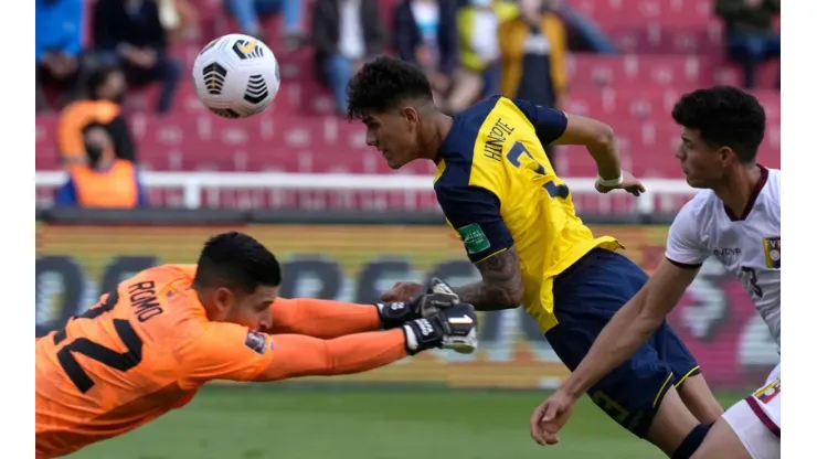 Piero Hincapie of Ecuador heads the ball to score against Venezuela.
