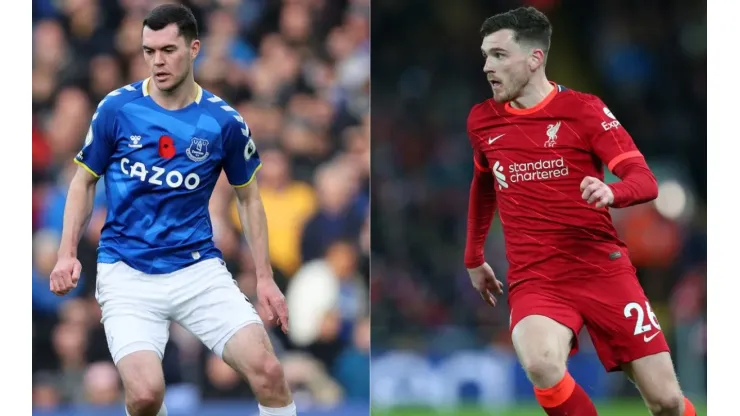 Michael Kane of Everton (left) Andrew Robertson of Liverpool
