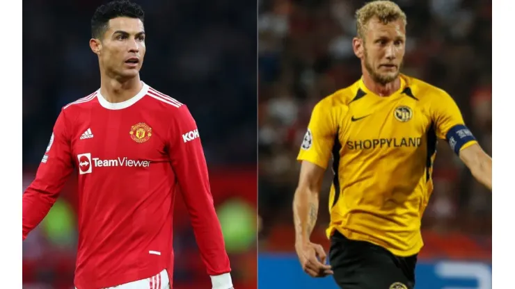 Cristiano Ronaldo of Manchester United (left) and Fabian Lustenberger of Young Boys
