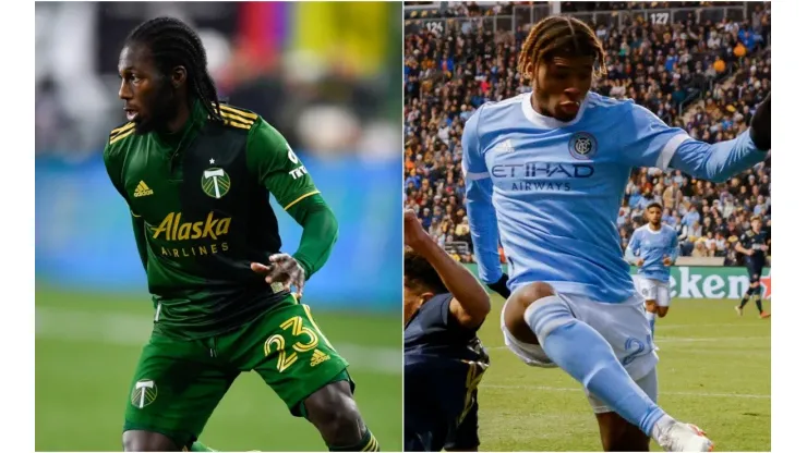 Yimmi Chara of Portland Timbers (left) and Tayvon Gray of New York City FC
