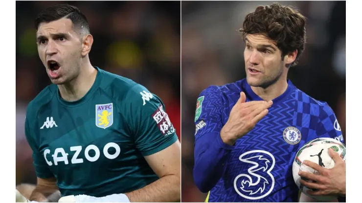 Emiliano Martinez of Aston Villa (left) and Marcos Alonso of Chelsea (right)
