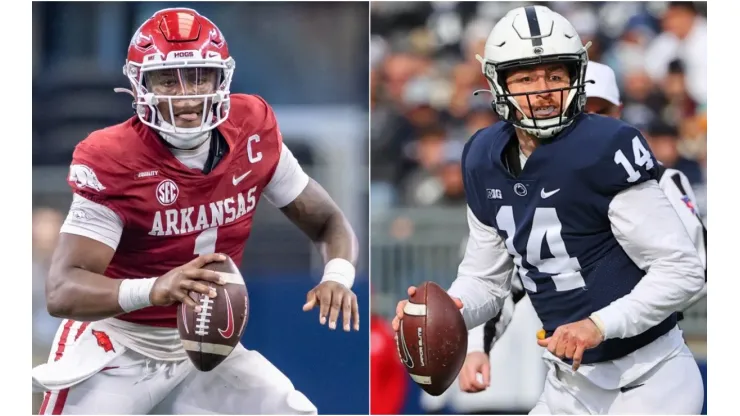 Arkansas Razorbacks quarterback KJ Jefferson (left) and Penn State Nittany Lions quarterback Sean Clifford (right)
