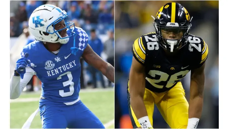 Kentucky Wildcats defensive back Cedrick Dort Jr. (left) and Iowa Hawkeyes defensive back Kaevon Merriweather (right)
