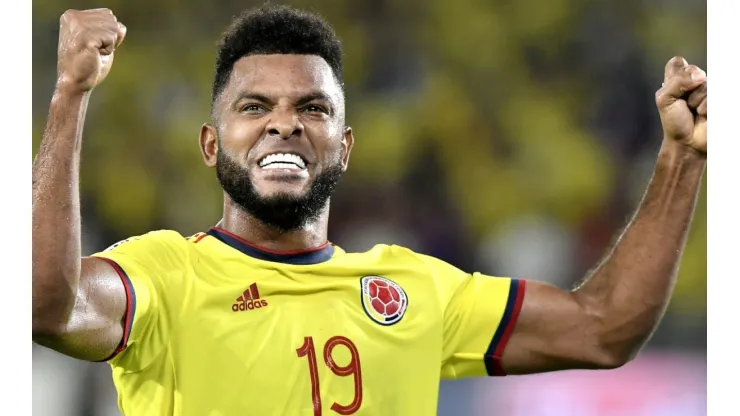 Miguel Borja of Colombia celebrates after scoring a goal.
