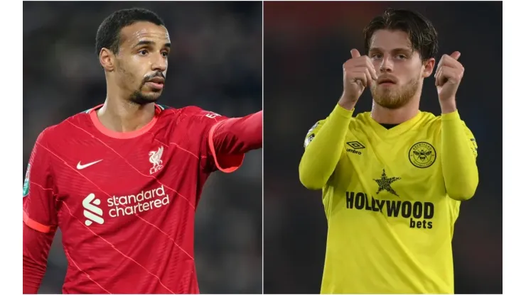 Joel Matip of Liverpool (left) and Mathias Jensen of Brentford (right)
