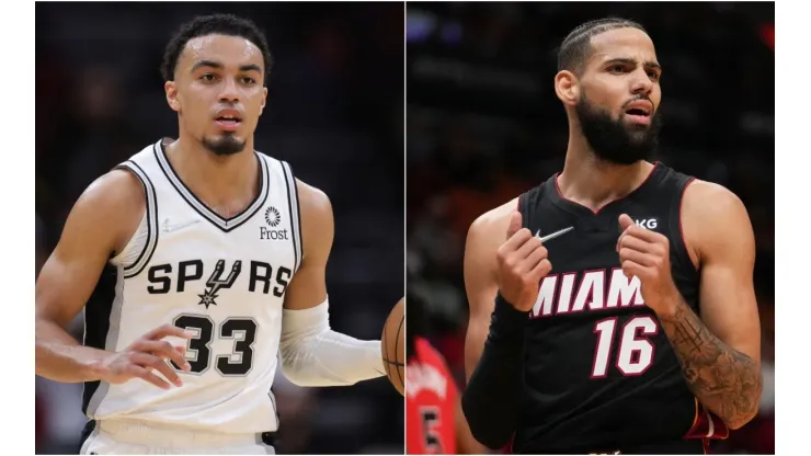 Tre Jones of the San Antonio Spurs (left) and Caleb Martin of the Miami Heat (right)
