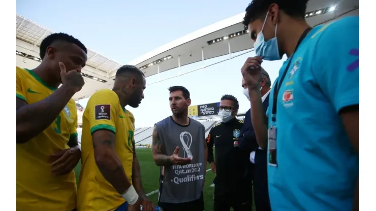 Lionel Messi of Argentina talks to Neymar Jr. of Brazil after the match between Brazil and Argentina was interrupted by Brazilian health authorities
