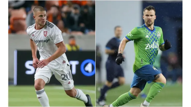 Real Salt Lake defender Erik Holt (left) and Seattle Sounders midfielder Albert Rusnak
