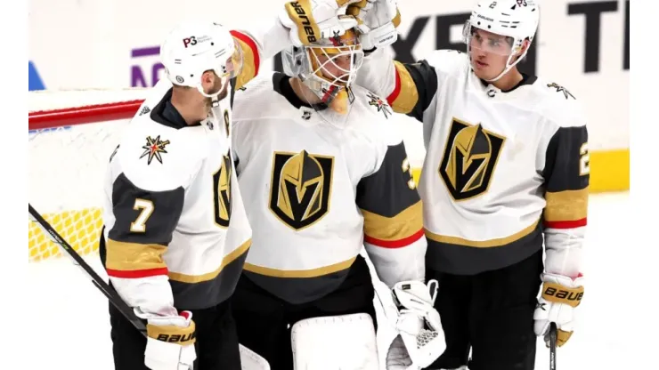 LTR: Alex Pietrangelo, Zach Whitecloud, Laurent Brossoit of Vegas Golden Knights
