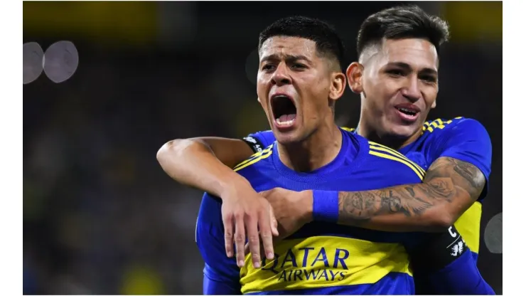 Marcos Rojo of Boca Juniors celebrates with teammate Luis Vazquez
